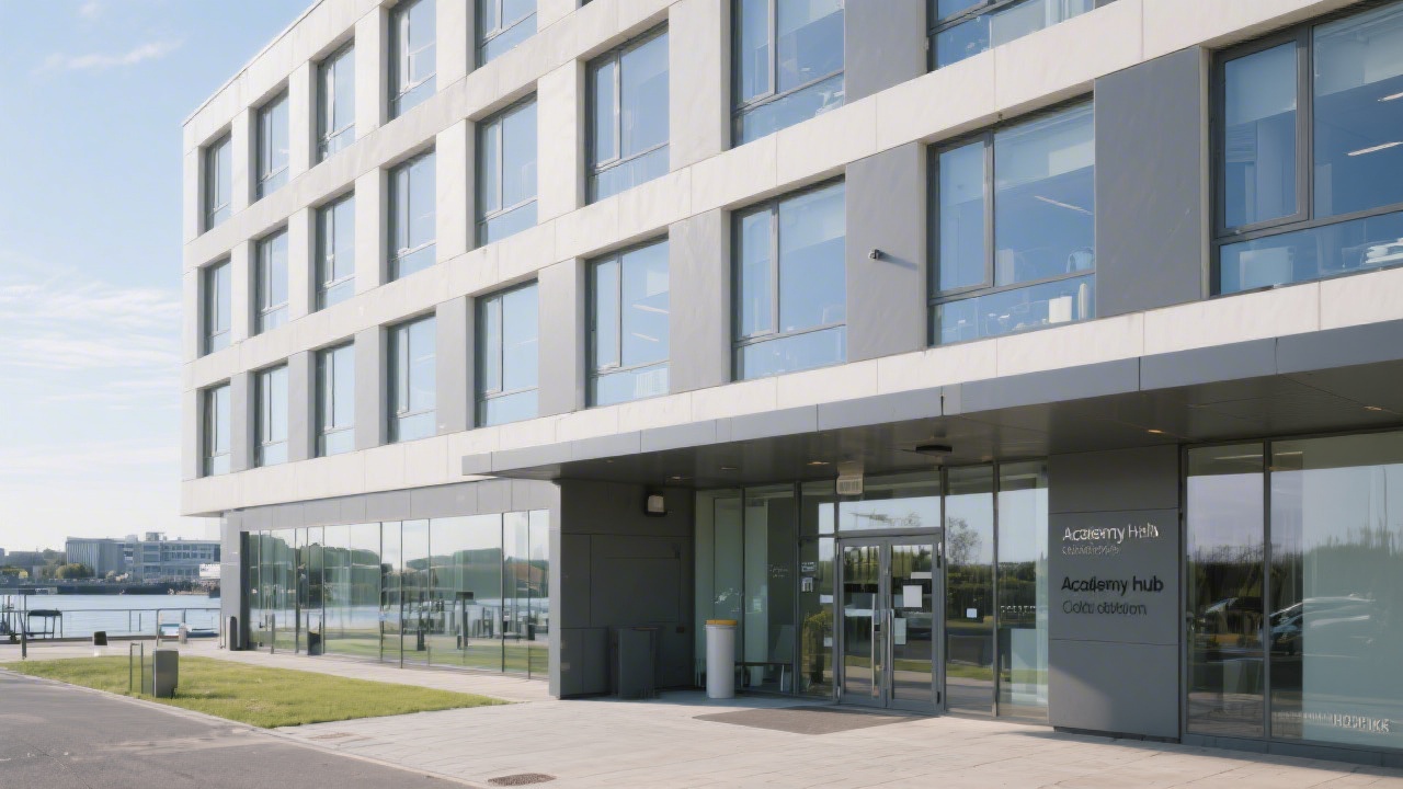 Exterior view of a modern office building near Dublin Docklands with a calm professional entrance, representing the Academy Hub location for training and workshops.