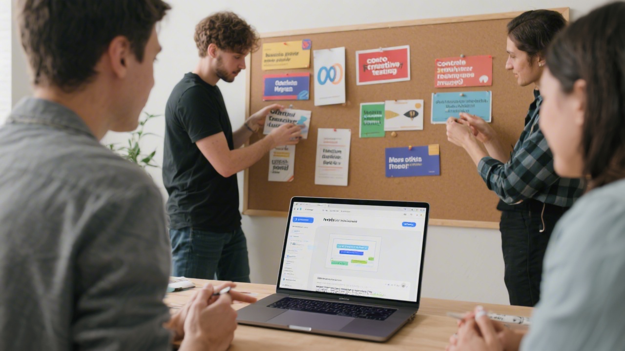 Creative team arranging ad mockups and messaging headlines on a board, with a laptop displaying Meta Ads preview, showing controlled creative testing setup.