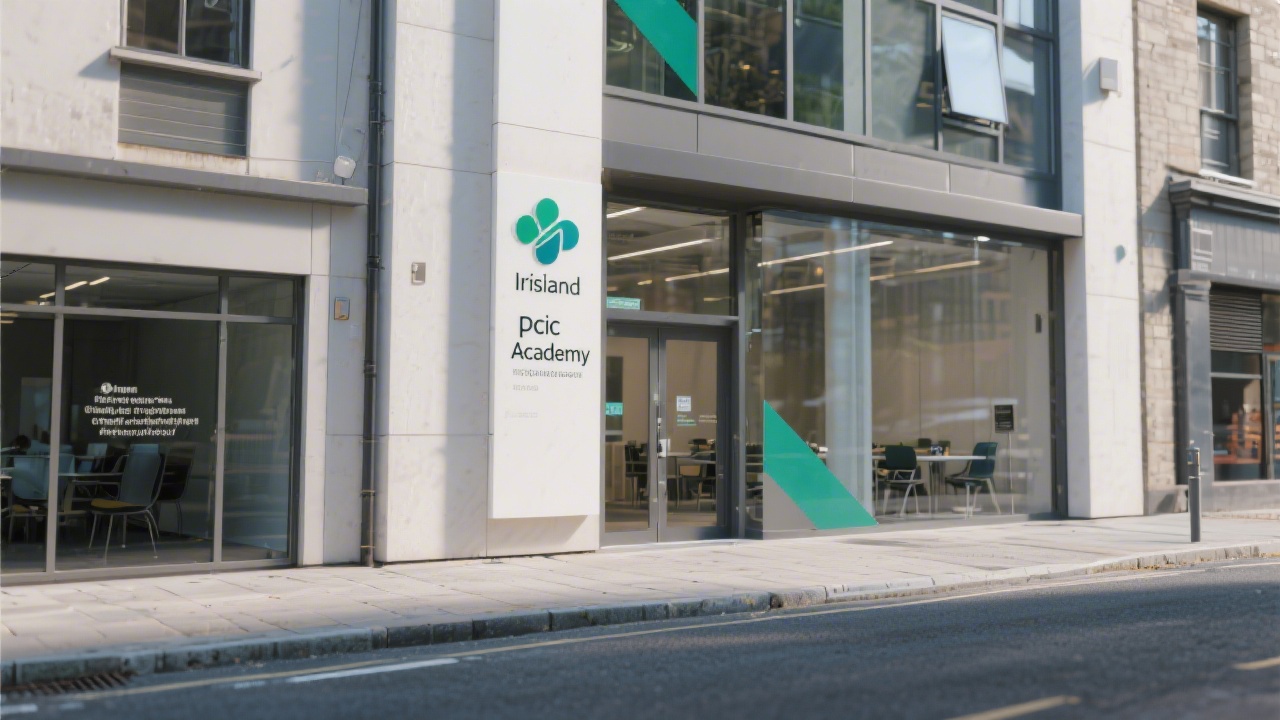 Street-level view of a modern Dublin office entrance with clean signage and a professional atmosphere, illustrating the location for an Irish PPC academy.