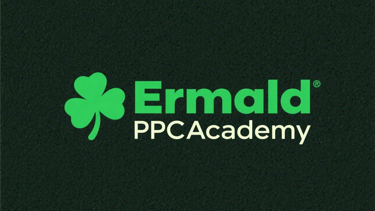 Simple emerald green wordmark logo reading Emerald PPC Academy, clean sans serif letters with a small minimalist shamrock dot, flat design suitable for business branding.