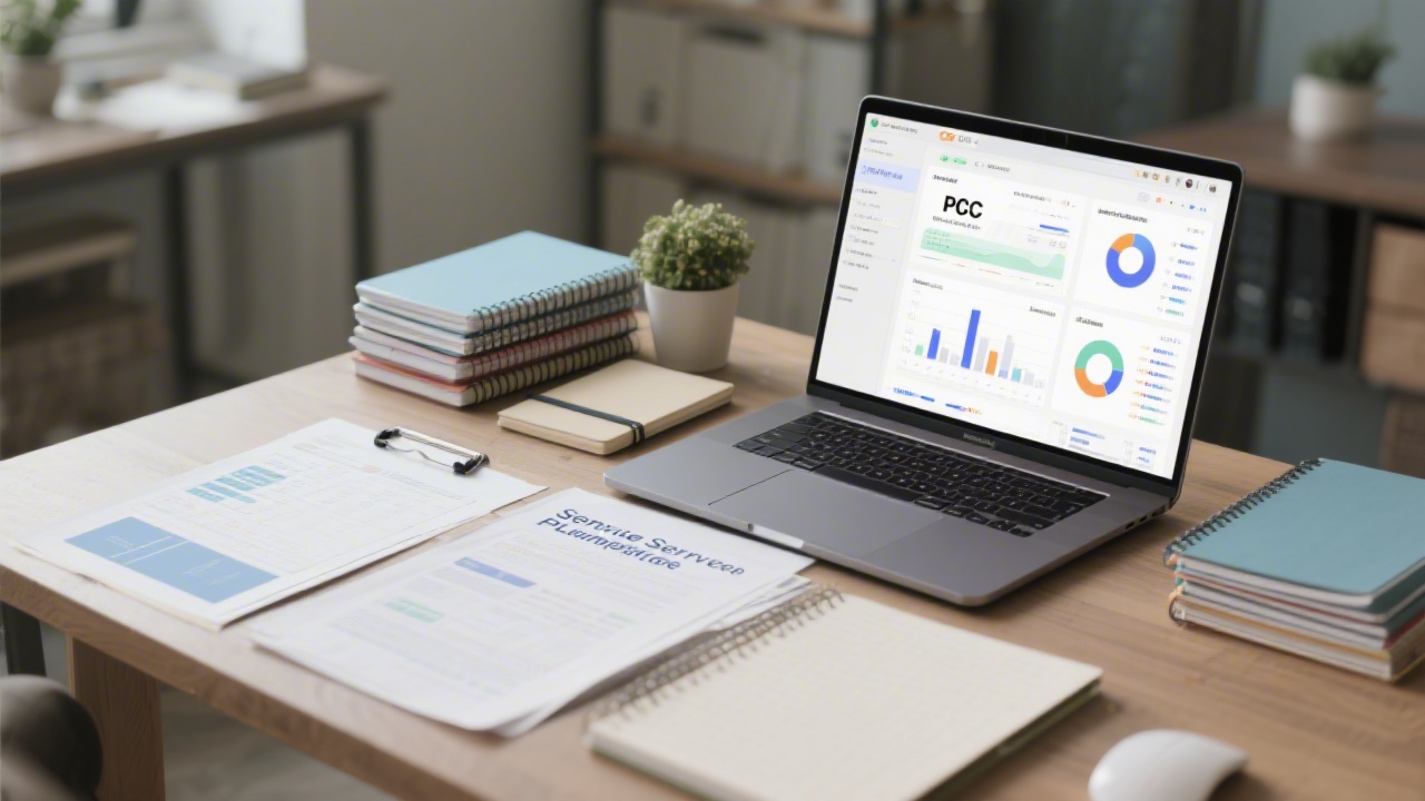 Workspace table with campaign planning documents, a laptop showing PPC dashboards, and notebooks arranged neatly to represent strategic service planning.