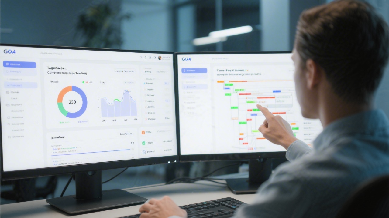 Analyst reviewing tracking setup on dual monitors, with GA4 dashboard and tag manager interface open, representing measurement and conversion integrity training.