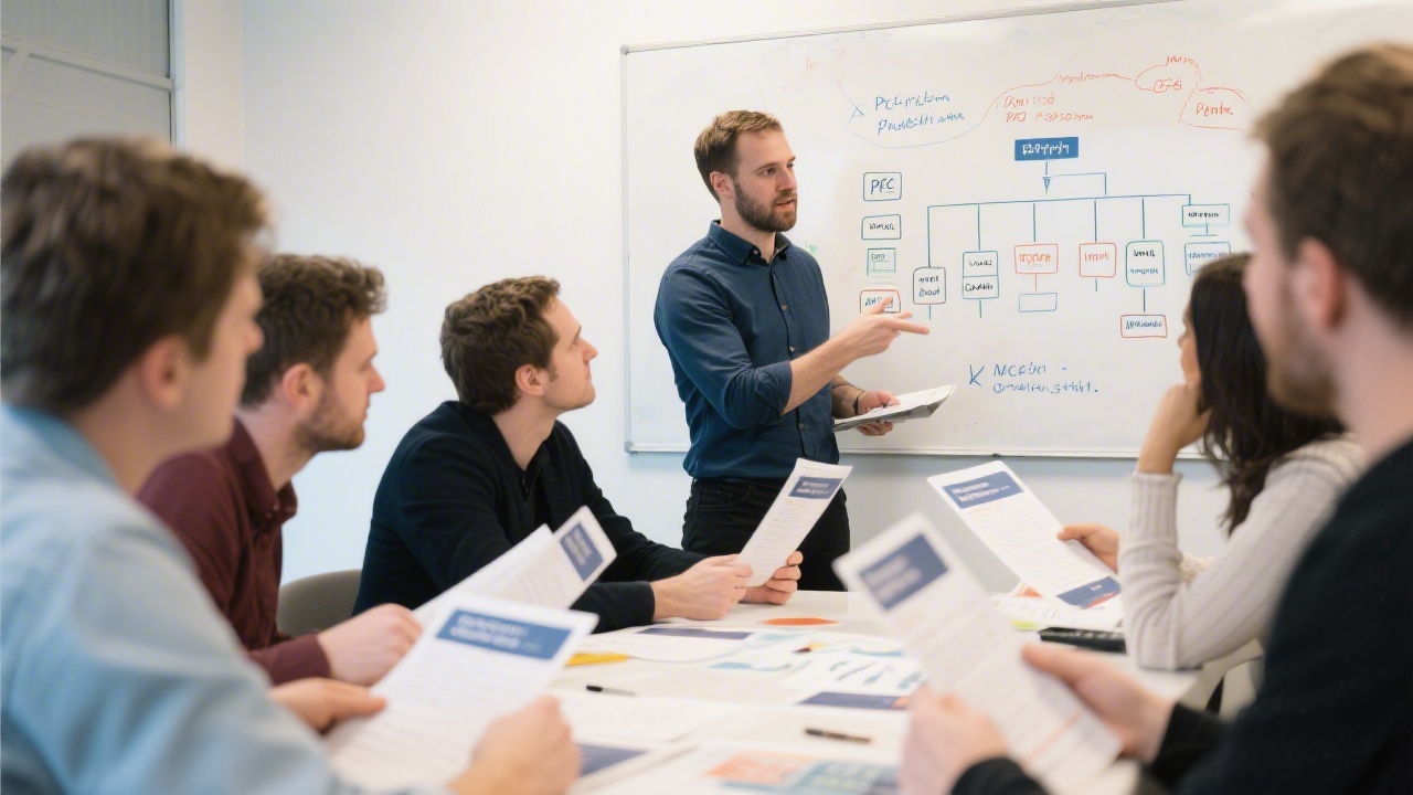 Small group PPC workshop with participants reviewing printed campaign structures and a trainer guiding them through a whiteboard strategy map.